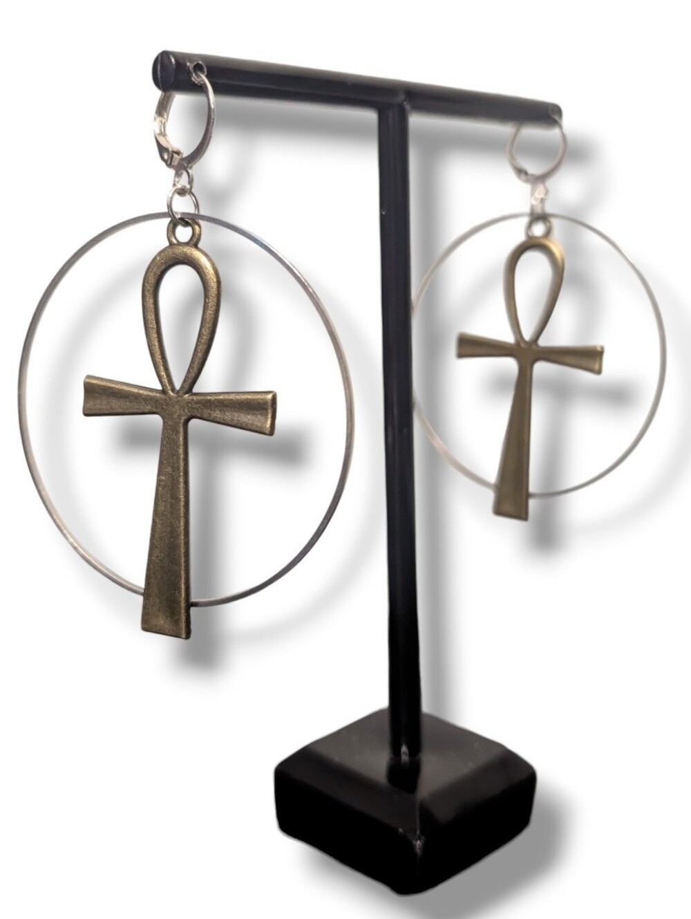 NWT Handmade Bronze Ankh And Silver Hoop Dangly Earrings